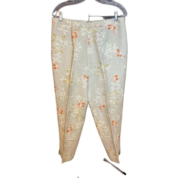 Jillian Jones Tan Linen Blend Lined Flat Front Floral Cropped Pants Sz 12 - Picture 1 of 9